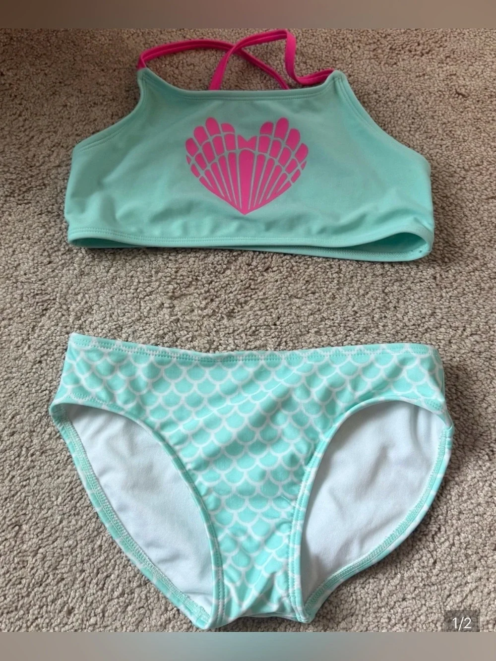 Girl’s 10-12 size Mint & Pink Mermaid Two-Piece Swimsuit Top and Bottom